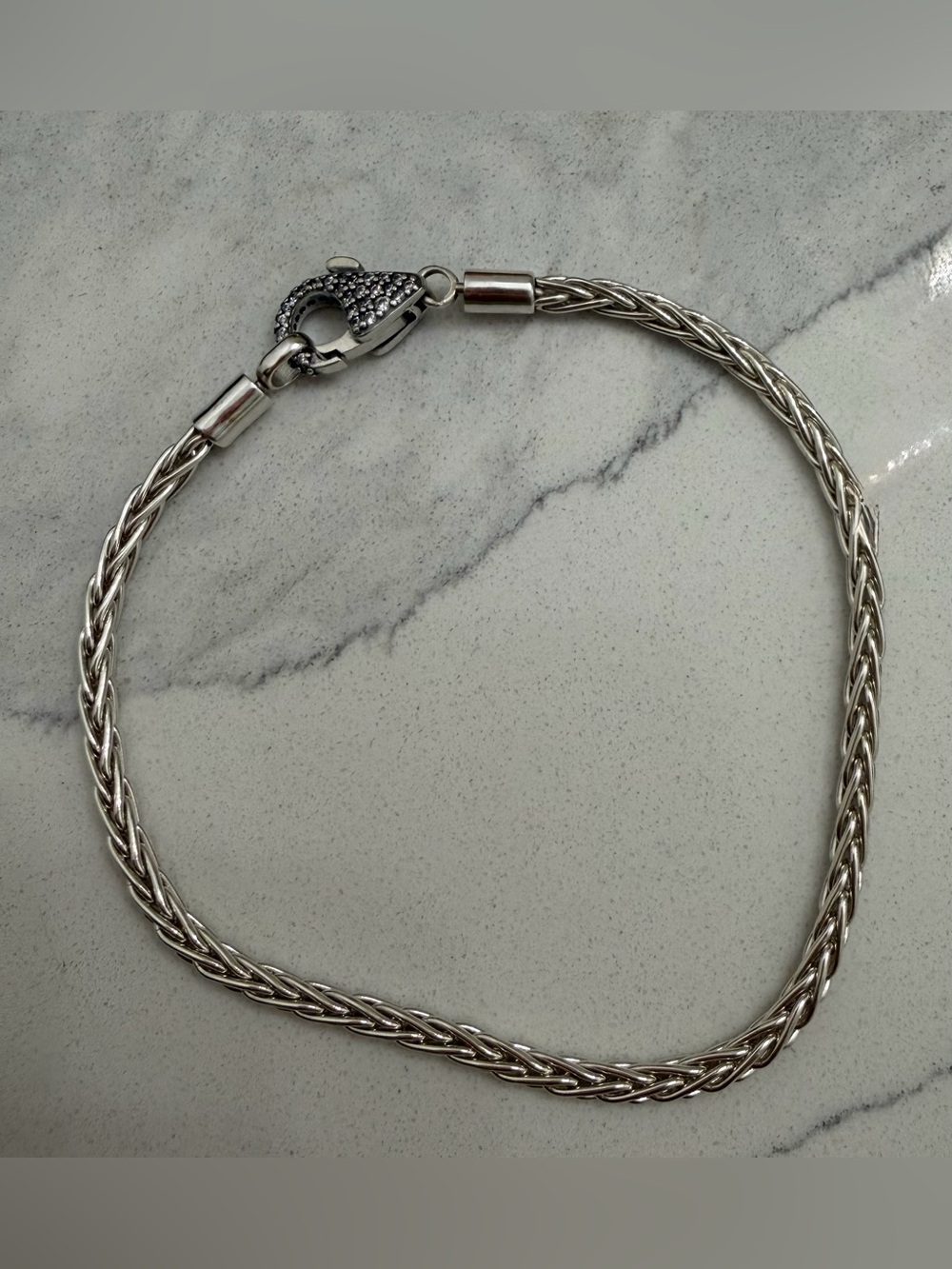 Pandora SS Pave clasp foxtail braided  charm bracelet with Lobster Clasp. 8”